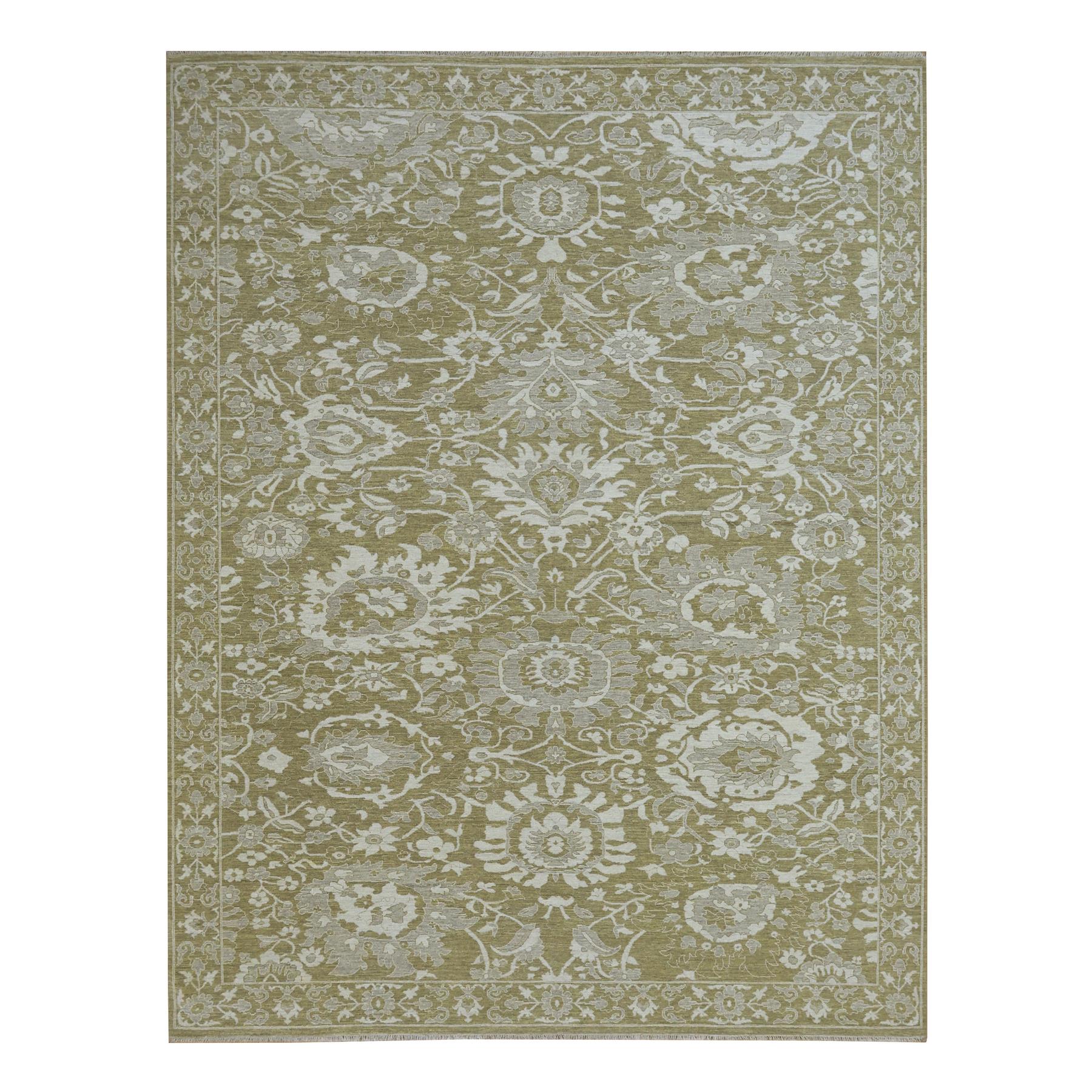 Reseda Green, Ziegler Mahal Large Flowers Design, Tone on Tone, Zero Pile, 100% Wool, Hand Knotted, Dense Weave, Oriental Rug